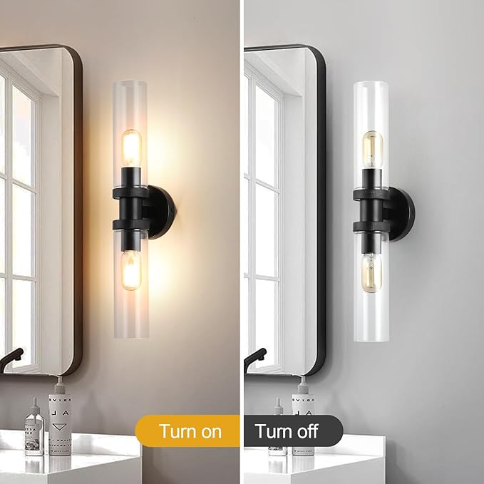 2 Light Vanity Light Side Mirror Farmhouse Bathroom Fixtures Black, E26 Wall Lamps for Bedroom, Industrial Lighting, Modern Lights With Glass Shade