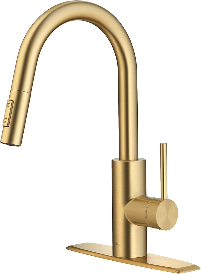 KRAUS Oletto Single Handle Pull Down Kitchen Faucet with QuickDock Top Mount Installation Assembly in Spot-Free Brushed Brass, KPF-2620BB