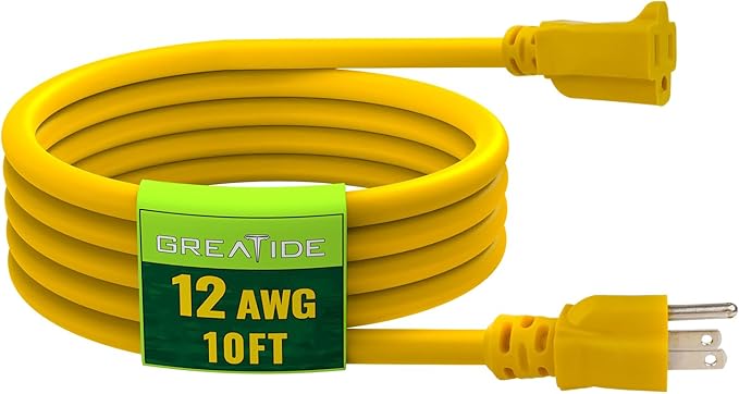 10 Ft Outdoor Extension Cord - 12/3 SJTW Heavy Duty Yellow Extension Cable with 3 Prong Grounded Plug - Power Cord for Lawn, Garden, Appliances