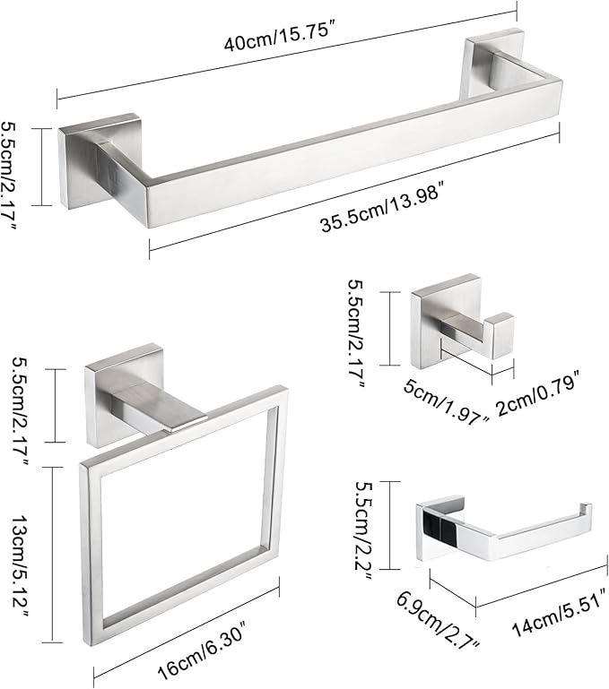 4-Piece Bathroom Hardware Set, Towel Rack Towel Holder Toilet Paper Holder Towel Hooks Towel Bar Set Stainless Steel Towel Rack Accessories Set Wall Mounted, Brushed Nickel 16 Inch