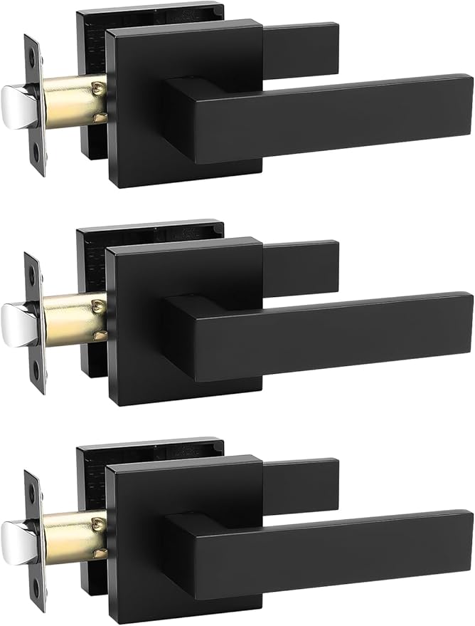3 Pack Square Black Door Handles Interior, No Lock Passage Door Lever for Left or Right Handing, Heavy Duty Matte Black Closet Door Handle Sets