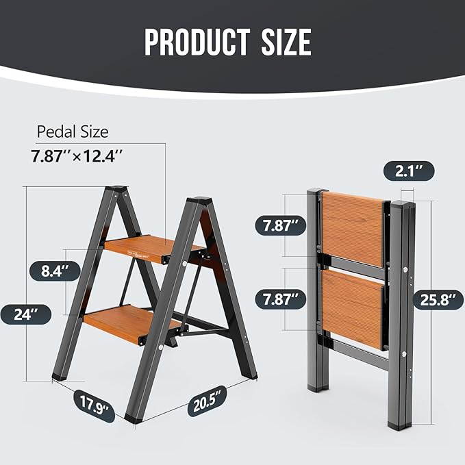 WOA WOA Step Ladder, Widening Pedals for Extra Balance, Lightweight Step Stool, Easy to Move Around, Foldable Ladder, Space Saving, Anti-Slip Stepladder 300 lbs Capacity (2 Step, Black & Wood Grain)