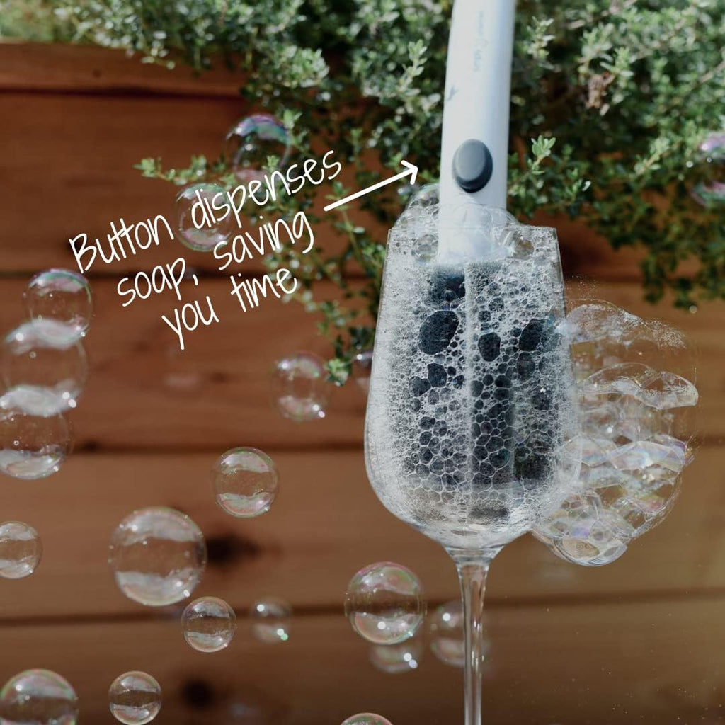 | The WINE Brush – One Step Patented Stemware Cleaning Sponge with Soap Dispenser and Replaceable Sponge Head Designed to Clean Wine Glass Rim and Bowl