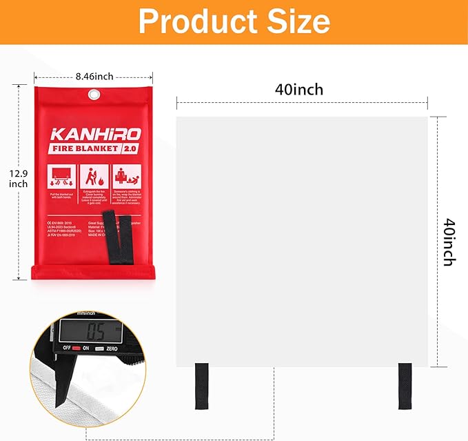 Emergency Fire Blanket for Home Kitchen - 2 Pack, 40 in X 40 in, KANHIRO 2.0 Emergency Silicone Fire Blanket