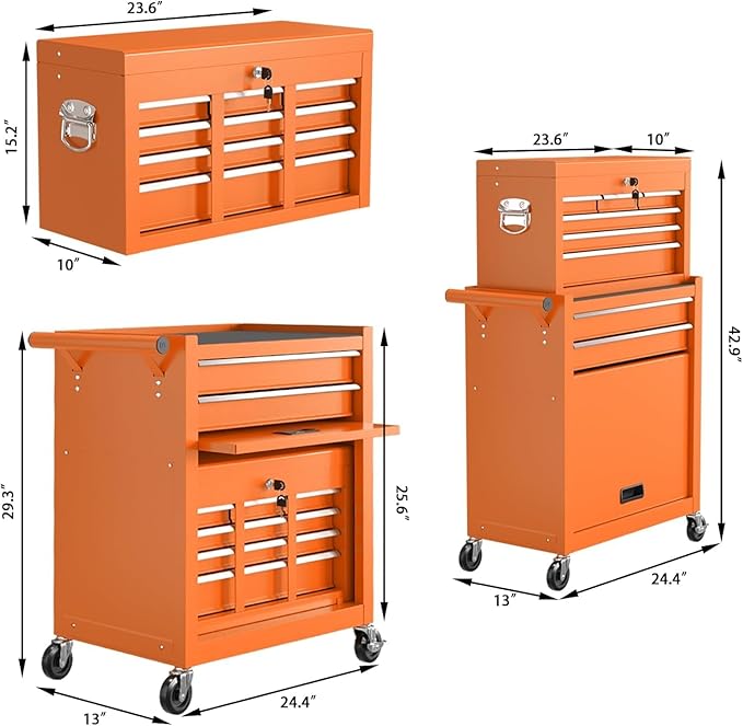 8 Drawer Rolling Tool Chest, High Capacity Tool Box with Lockable Wheels and Drawers, 2 in 1 Portable Toolbox Organizer Storage Cabinet for Garage, Warehouse, Repair Shop, Orange
