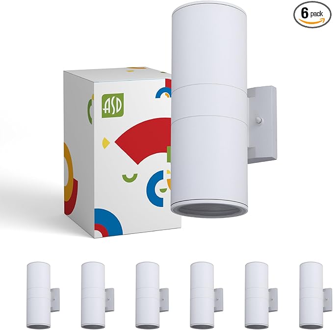 ASD 2 Light Outdoor Wall Light Fixture | 120W E26 Bulb Socket 120V ETL Cylinder Up Down Lights | LED/CFL/Incandescent Bulb Exterior Wall Sconce | Front Door, Porch, Patio Lighting | White, 6 Pack