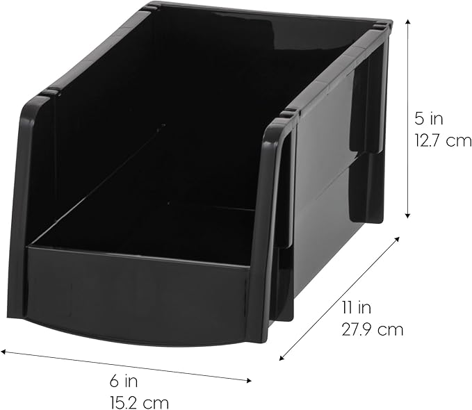IRIS USA Medium Stackable Storage Bins, 8-Pack, 11"L x 6"W x 5"H, |Made in USA|, Plastic Open Front Shelf Bin for Organizing Parts, Hardware, Tools, Supplies, Garage Shelf, Pantry - Black