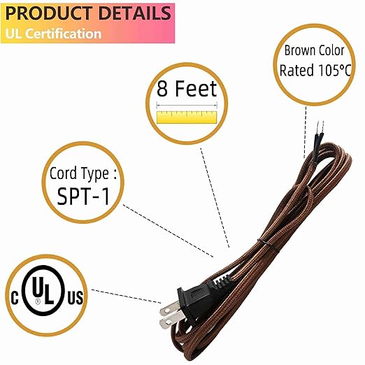 8 Feet Rayon Cloth Covered Replacement Lamp Cord with End Plug for Antique Lamp Repair DIY Project, SPT-1 Electric Wire,18 AWG, Stripped Ends,2 Pack,Brown Color