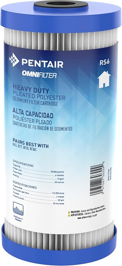Pentair OMNIFilter RS6 Sediment Water Filter, 10-Inch, Whole House Heavy Duty Big Blue Pleated Replacement Cartridge, 10" x 4.5"