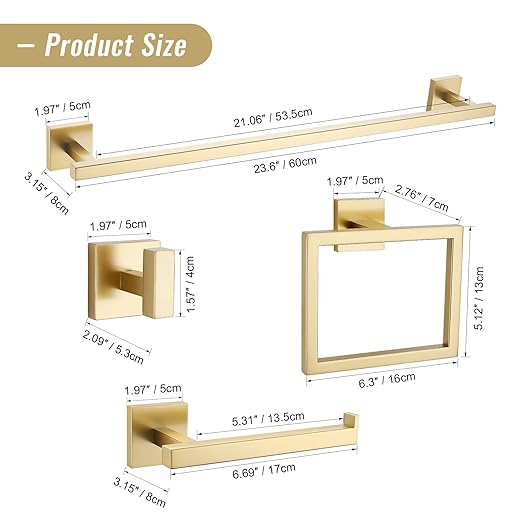 YACVCL Towel Bar Set 10-Piece Brushed Gold Bathroom Hardware Set, Gold Bathroom Accessories Set,23.6 Inch Towel Holder-Towel Racks Set for Bathroom Stainless Steel Wall Mounted