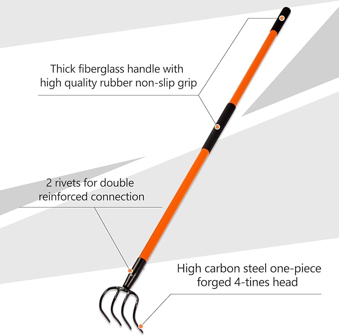 VNIMTI Cultivator for Gardening, 4 Tines Garden Cultivator with Fiberglass Handle, 58 Inches