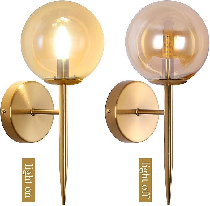 SeeU Gold Wall Sconces Mid Century Style Set of 2,Brass Wall Lamp Fixture,Vanity Light Fixture Wall Lamp with Amber Globe