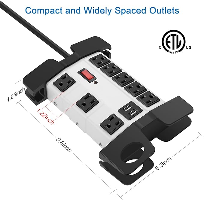 Heavy Duty Power Strip with USB, Workshop 8 Outlet Surge Protector 2700 Joules, Grey Industrial Metal 15Amp Power Strip, 10FT Extension Cord and Wide Spaced.