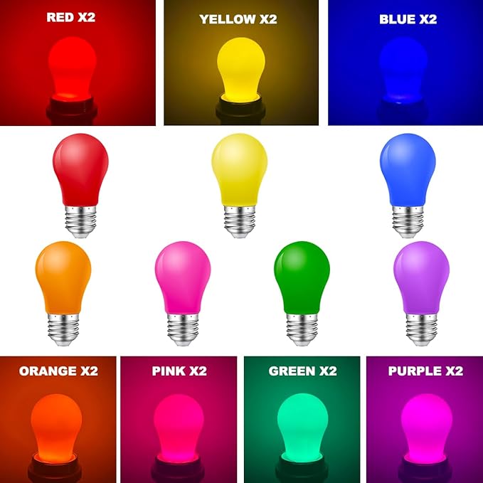 Colored Light Bulbs,2W E26 Color LED Lights Bulb,Small E26 Colored Bulbs for Outdoor Indoor,Multicolor,Red Yellow Blue Green Orange Pink Purple,for Halloween Party Christmas Bedroom,Pack of 14