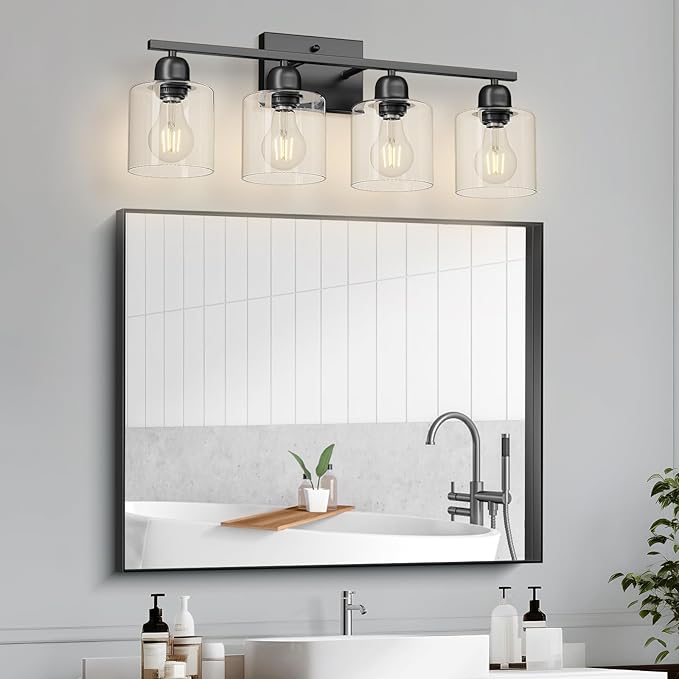 Modern 4 Light Bathroom Light Fixtures, 24 inch Bathroom Vanity Light with Clear Glass for Mirror Kitchen Living Room Hallway Cabinet Porch
