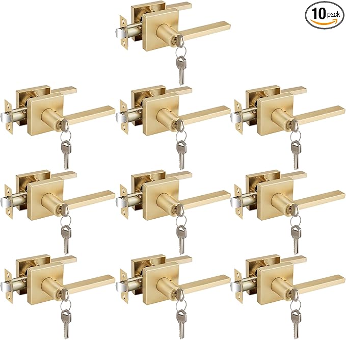 EHOMEWARE 10 Pack Gold Door Handles Door Knobs,Heavy Duty Modern Interior/Exterior Door Handle Sets, Satin Brass Door Lever Front Entry Door Handle wth Lock and Key