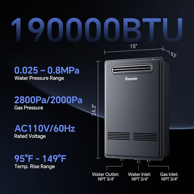 Ranein Natural Gas Tankless Water Heater, Outdoor Max 7.4 GPM, 190,000 BTU Instant Hot Water Heater