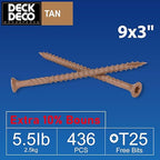 Wood Screws #9 x 3 436pcs(Approx), Tan Ruspert Coating Exterior Deck Screws, Torx/Star Drive Flat Head,Twist Shank, Cut Tip/Thread, Bit Included, 5.5 lb/Box