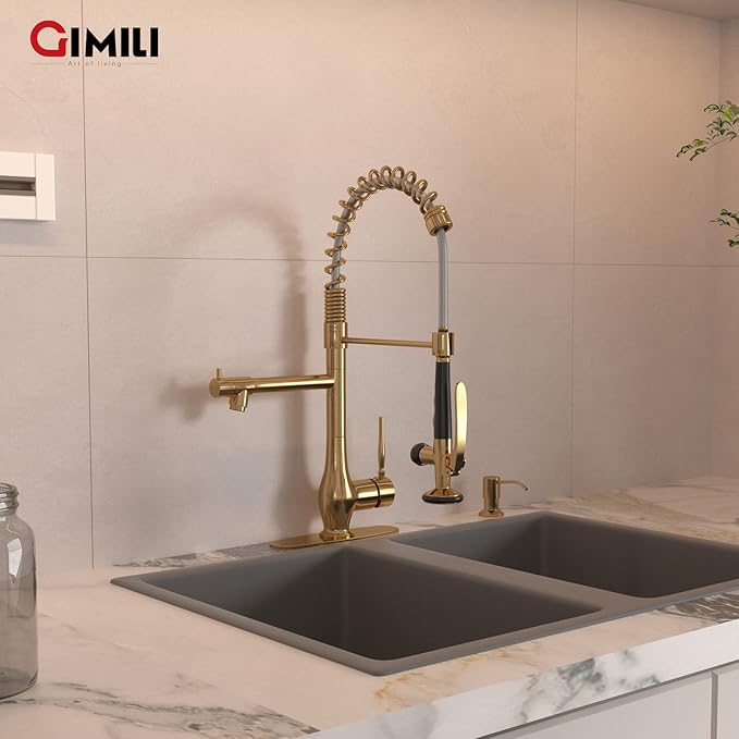 GIMILI Commercial Kitchen Faucet with Pull Down Sprayer, Double Headed Single Handle High Pressure Kitchen Faucet with Soap Dispenser Brushed Gold
