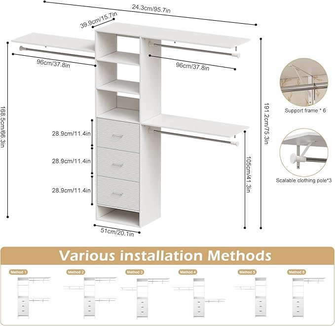 Closet System with Drawers, 8FT Closet Organizer Systems with Expandable Hanging Rods, 96" Wooden Storage Systems with Hanging Pods, Built-in Garment Rack for Bedroom