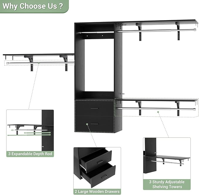 Cyclysio 8 FT Closet System, 96 Inch Closet Organizer with Drawers, Closet Organizers and Storage with 4 Closet Rod and 3 Shelving Towers, Walk-in Closet System for 4-8FT Spaces(Cut-to-Fit), Black
