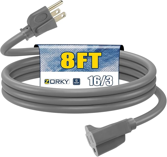 8ft Outdoor Extension Cord for Christmas Decorations- 16/3 Heavy Duty SJTW Waterproof Gray Electrical Cable with 3 Prong Grounded Plug for Safety, Great for Lawn and Major Appliances