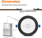 12 Pack Black 6 Inch LED Recessed Ceiling Light with Night Light, 2700K/3000K/3500K/4000K/5000K Selectable, 12W, Dimmable Canless Wafer Downlight, ETL