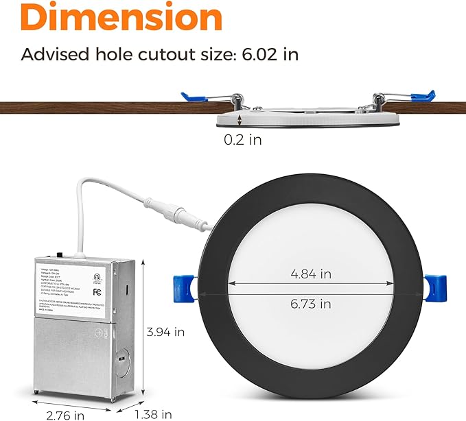 12 Pack Black 6 Inch LED Recessed Ceiling Light with Night Light, 2700K/3000K/3500K/4000K/5000K Selectable, 12W, Dimmable Canless Wafer Downlight, ETL