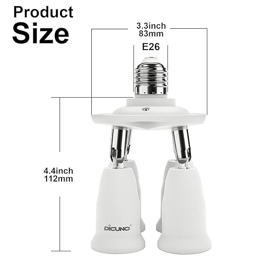 DiCUNO 4 in 1 E26 Light Socket Splitter Adapter, Standard Base LED Bulbs Converter, 360 Degrees Adjustable 180 Degree Bending, 4 Way Bulbs Socket Holder