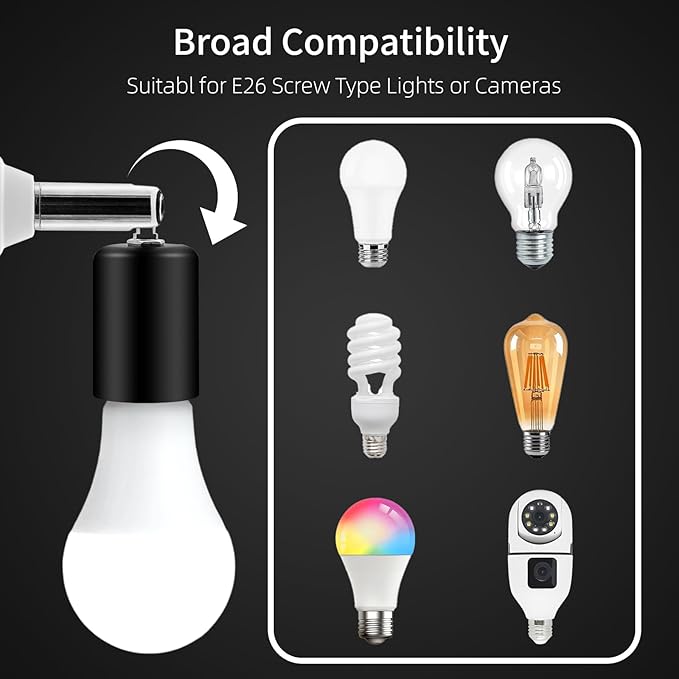 2 PCS Ceramic & Metal E26 Light Socket Extender Black - 5.5" Length,90° Vertical & 360° Horizontal Adjustable, 110V-240V, 150W Max, Fire-Resistant, Light Socket Extender for E26 Light Bulb