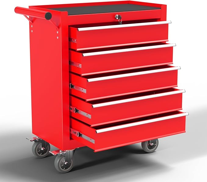 5-Drawer Metal Rolling Tool Chest with Wheels,Tool Storage Cabinet with Locking System，Toolbox with Wheels for Garage, Warehouse, Workshop, Repair Shop (Red, 5-Drawer)