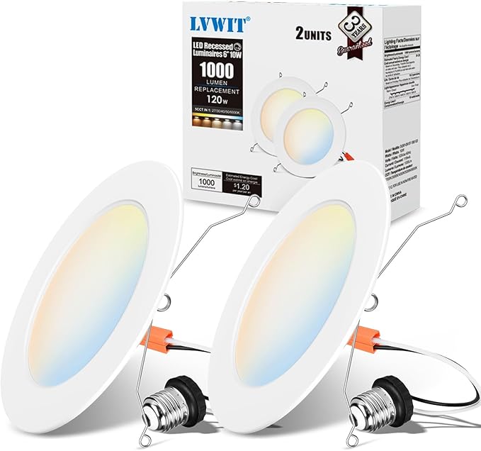 LVWIT LED Recessed Light 6inch, 5CCT Can Lighting with White Cover, Color Selectable Dimmable Downlight with E26 Conversion Kit, 2 Pack