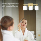 3 Light Gold Bathroom Light Fixtures, Modern Bathroom Vanity Lights with Milky White Frosted Glass Shades, Gold Vanity Mirror with Lights for Mirror Living Room E26 Base