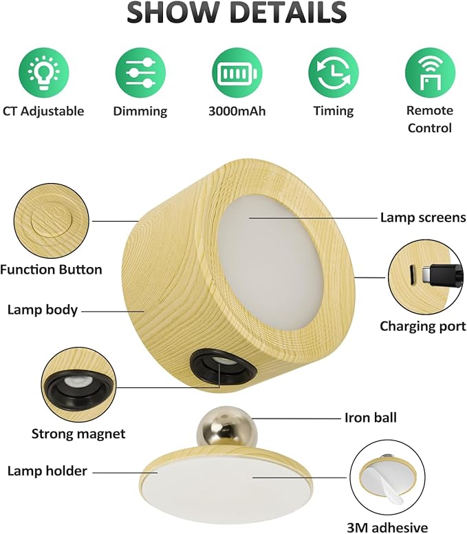Lightbiz LED Wall Sconces, Wall Mounted Lamp 3 Pcs with Remote Rechargeable Battery Operated, 3 Color Temperatures & Dimmable Wall Lights Magnetic 360° Rotation Light