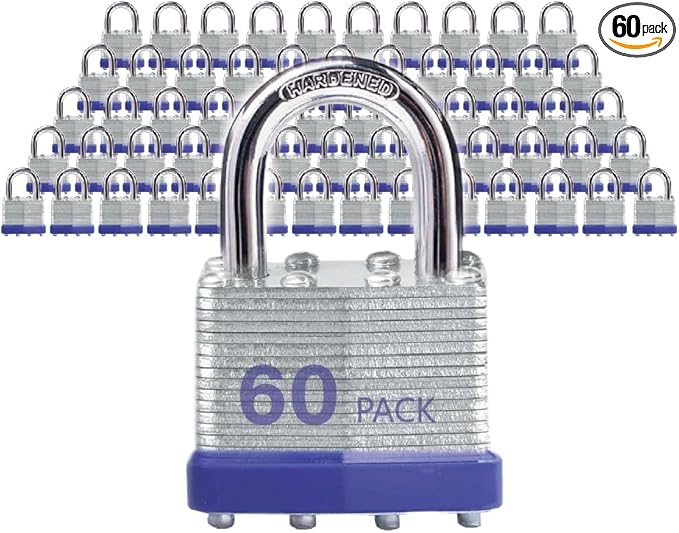 Lock Outdoor Padlocks, Key Lock, Padlocks with Same Key - Laminated Steel Keyed Padlocks with Normal Shackle, 60 Pack, for Hasp Latch, Sheds, Fences, Storage Locker, School, Gym
