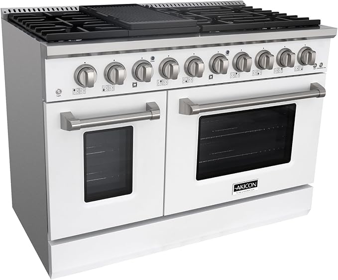 Akicon 48 Inch Freestanding Gas Range - 6.7 cu. ft. Double Rapid Convection Gas Oven - Gas Stove with 8 Sealed Burners & a Griddle, Heavy Duty Cast Iron Grates (White & Stainless Steel)