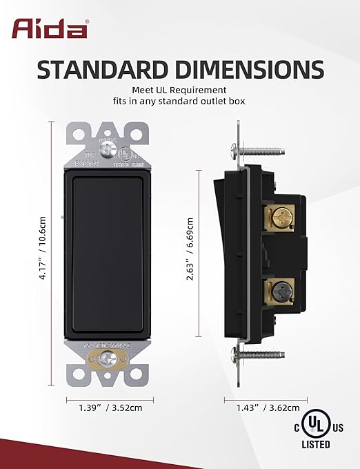 AIDA 10 Pack 3 Way Decorative Light Switch, 15Amp, 120/277 Volt, AC Decorator Rocker Paddle Wall Switch Replacement, UL Listed - Residential and Commercial Grade,Matte Black