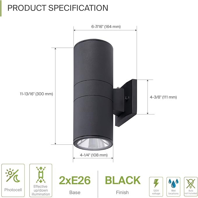 ASD 2 Light Dusk to Dawn Outdoor Wall Light Fixture | 120W E26 Bulb Socket 120V ETL Cylinder Up Down Lights | LED/CFL/Incandescent Bulb Exterior Wall Sconce | Front Door, Porch, Patio | Black, 6 Pack