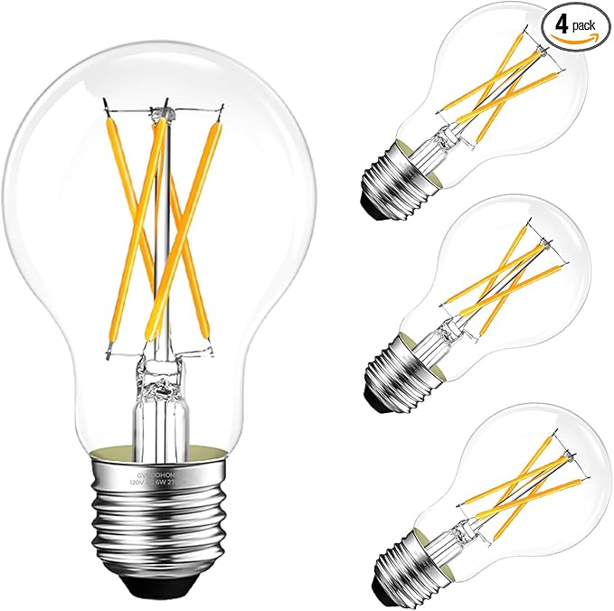 Dimmable E26 LED Bulb 6W, 60 watt Equivalent, Vintage LED Edison Bulbs 2700K Soft White, A19 Clear Glass LED Light Bulb for Ceiling Fan, 90+CRI, 600LM, 4 Pack