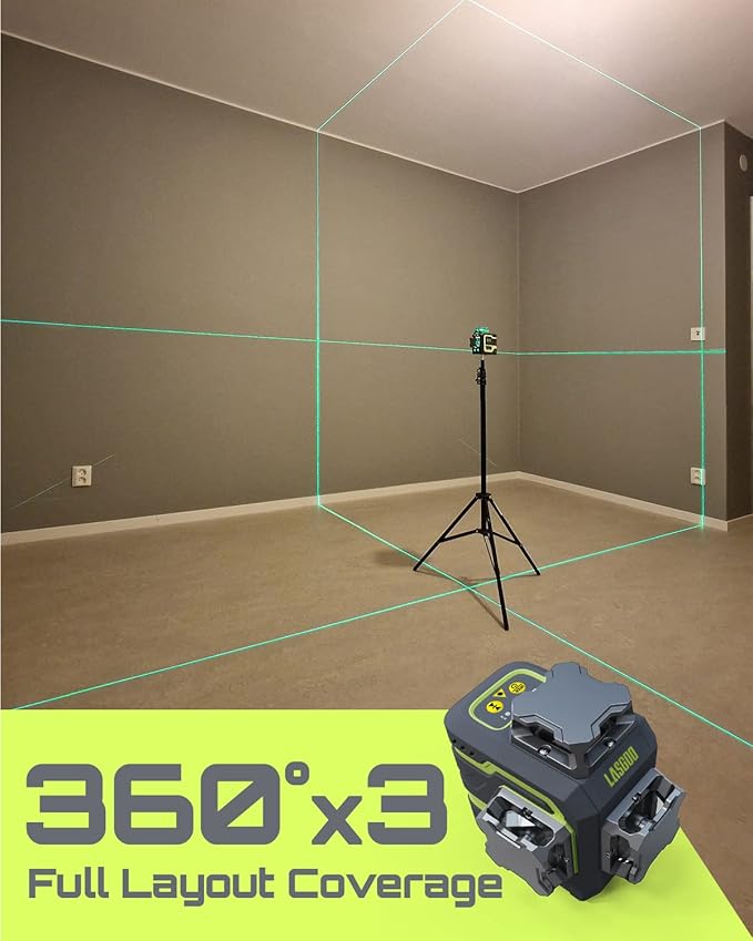 LasGoo LG-3D Laser Level Self Leveling 3x360°, 3D Green Beam Cross Line Laser for Construction and Picture Hanging, 2 Rechargeable Batteries (20 Hrs), Magnetic Liftable Stand Included, Green