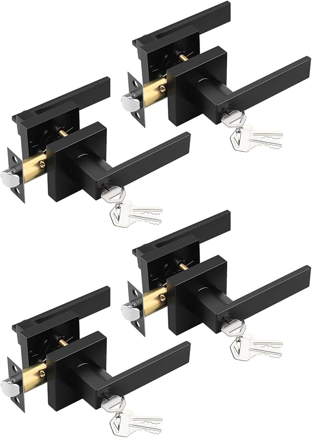 4 Pack Entry Door Levers with Lock and Key, Matte Black Keyed Alike Lockset Combo Pack, Entrance Door Handles for Office and Front Door, Door Knobs Lockset (Each with 3 Keys)