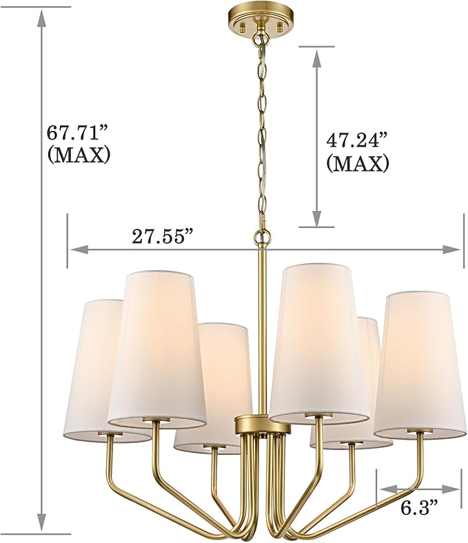 Modern 6-Light Brass Gold Chandelier with White Fabric Shade Chandelier Adjustable for Dining Room Hallway Living Room Kitchen Island