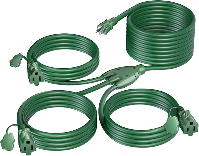 K KASONIC - 40 FT Halloween Lights Outdoor Extension Cord 1 to 3 Splitter, 3 Prong Outlets Plugs, 16AWG/3C SJTW Weatherproof Wire for Holiday Decoration Light, ETL Listed, Green