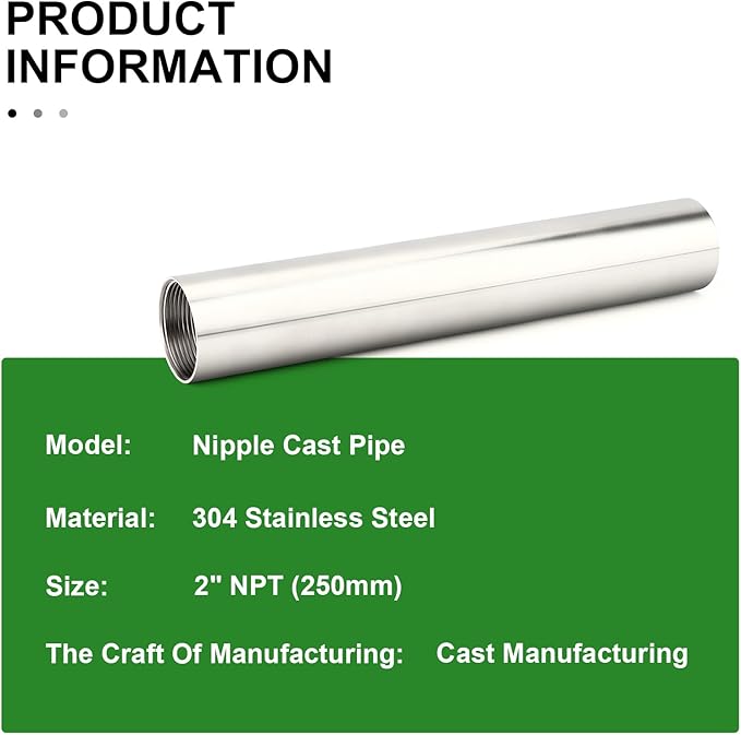 TAISHER 1PCS Stainless Steel Pipe Fittings, 2" NPT Female x 2" NPT Female Threaded, 10" Length Nipple Cast Pipe