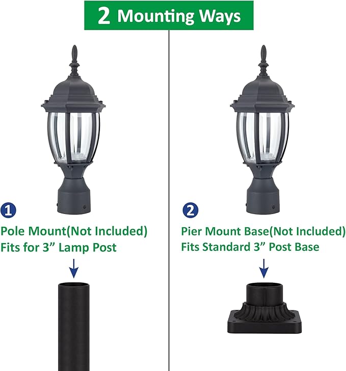 LIT-PaTH LED Outdoor Post Lighting Fixture, Pole Lantern, 9.5W 800 Lumens, 3000K Warm White, Aluminum Housing Plus Glass, Matte Black Finish, 1-Pack