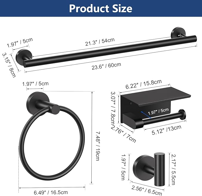 TQKAG 5 Piece Bathroom Towel Bar Holder Sets Matte Black Bathroom Hardware Set Stainless Steel Toilet Paper Holder with Shelf Bathroom Accessories Kit Wall Mounted