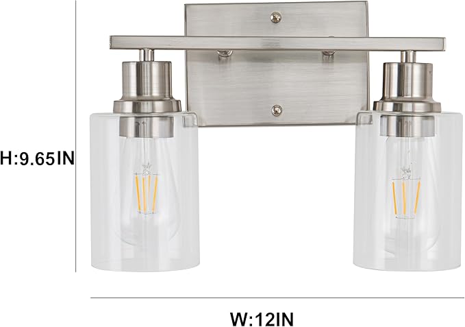 EMONG Brushed Nickel Bathroom Light Fixtures, 2-Light Vanity Light with Clear Glass Shade, Wall sconces for Hallway, Farmhouse,Bedroom Room,Kitchen