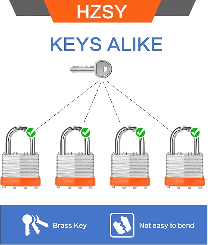 Laminated Steel Keyed Padlock (1-9/16", 40mm)，Keyed Alike Locks，Packed of 6，Normal Shackle Padlocks，Orange Plastic Hoops，for Toolbox，Locker & StorageUnit or More