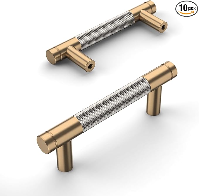 Amerdeco 10 Pack Champagne Bronze and Brushed Nickel Knurled Cabinet Pulls 3 Inch Hole Center to Hole Center Kitchen Cabinet Handles for Drawer Dresser, Cupboard and Wardrobe ZH0040