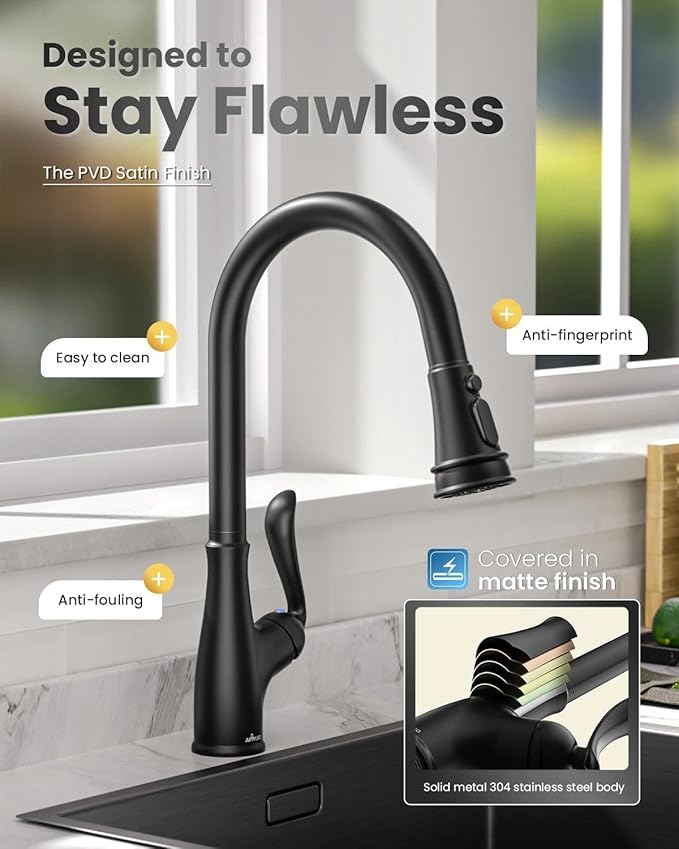 APPASO Matte Black Kitchen Faucet with Pull Down Sprayer, High Arc Single Handle with 3 Modes Spray Head, Neoperl Aerator, cUPC-Certified Pull-Out Hose, Water Supply Tubing & Valve